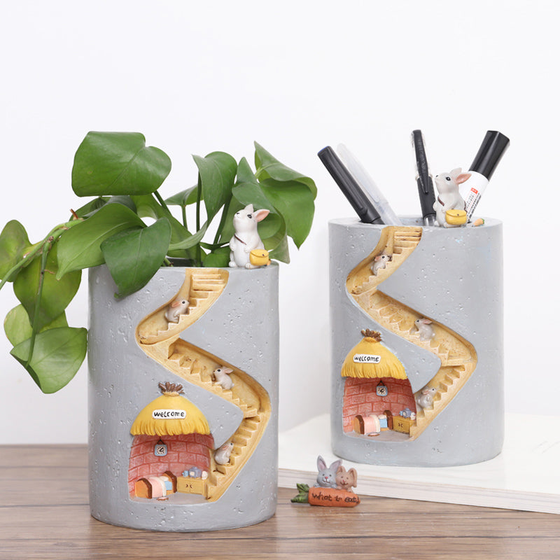 Cartoon Storybook Miniature Resin Succulent Pot – Whimsical Spiral Staircase Desktop Planter for Creative Home Gardening