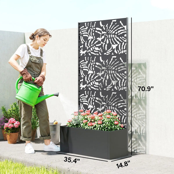 Metal Planter Box with Decorative Trellis - Freestanding Outdoor Privacy Screen