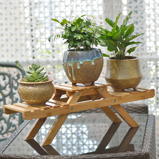Natural bamboo low tabletop flower pot tray with 3 plants outdoor patio balcony display 52cm – SoilMate Collective