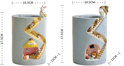 Cartoon Storybook Miniature Resin Succulent Pot – Whimsical Spiral Staircase Desktop Planter for Creative Home Gardening