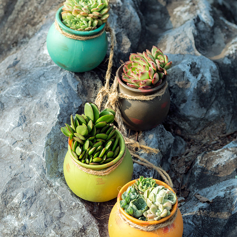 Boho Ceramic Hanging Flower Pots with Hemp Rope – Set of 4/6