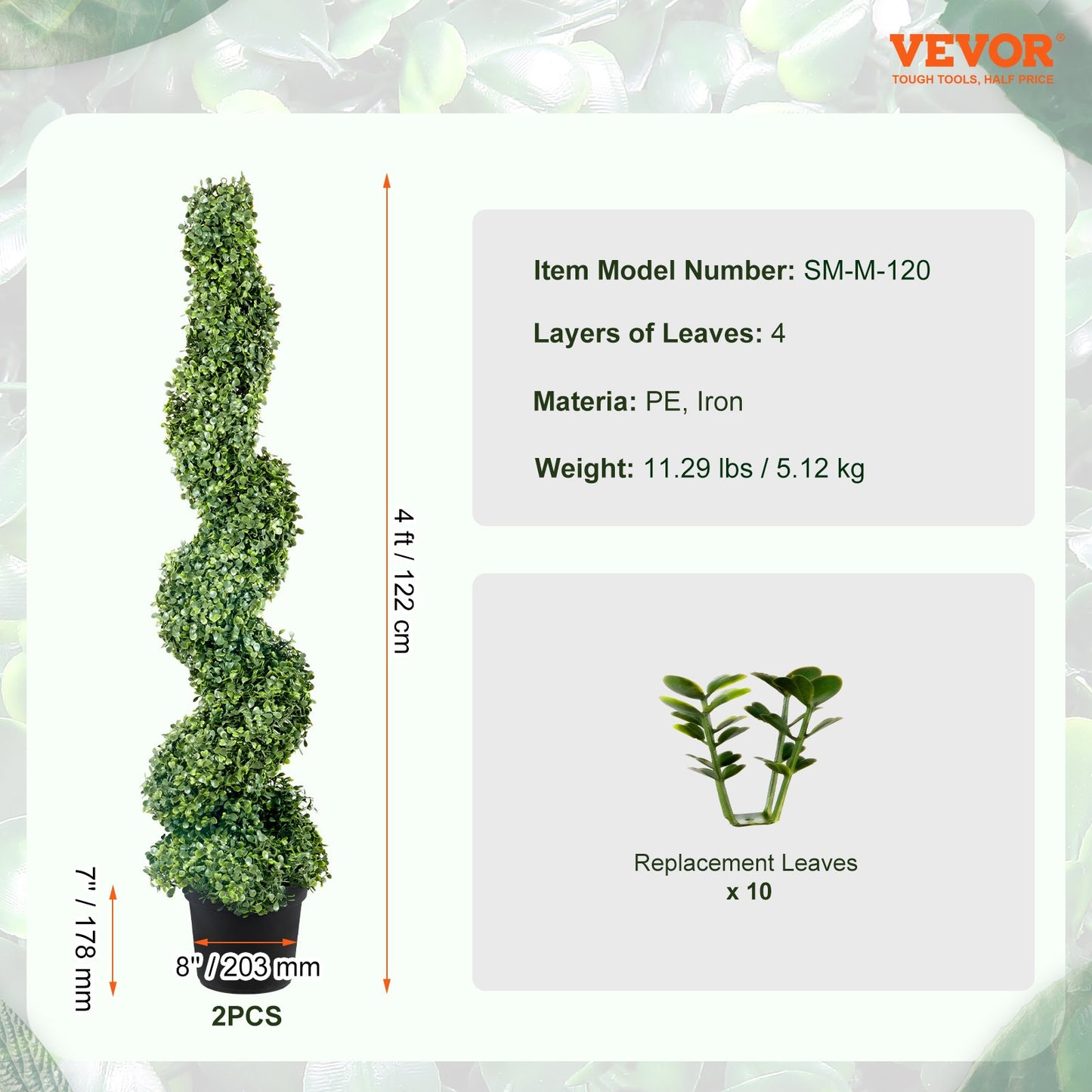 4ft Artificial Boxwood Spiral Topiary Trees (2-Piece Set) – 4-Layer Spiral Faux Boxwood Tower with Weighted 8" Pot & 10 Replacement Leaves