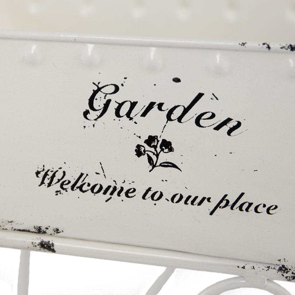 11.5-Inch Decorative Distressed White Metal Wheelbarrow Planter – Vintage Iron Tabletop Centerpiece Display