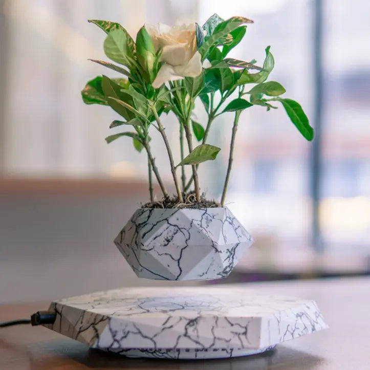 Magnetic Levitating Plant Pot – 360° Floating Bonsai Planter with Marble Finish