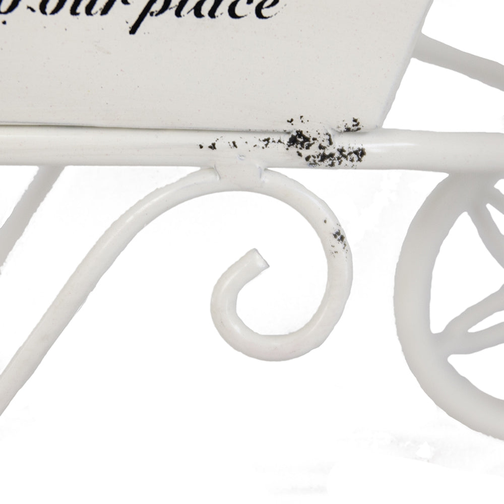 11.5-Inch Decorative Distressed White Metal Wheelbarrow Planter – Vintage Iron Tabletop Centerpiece Display