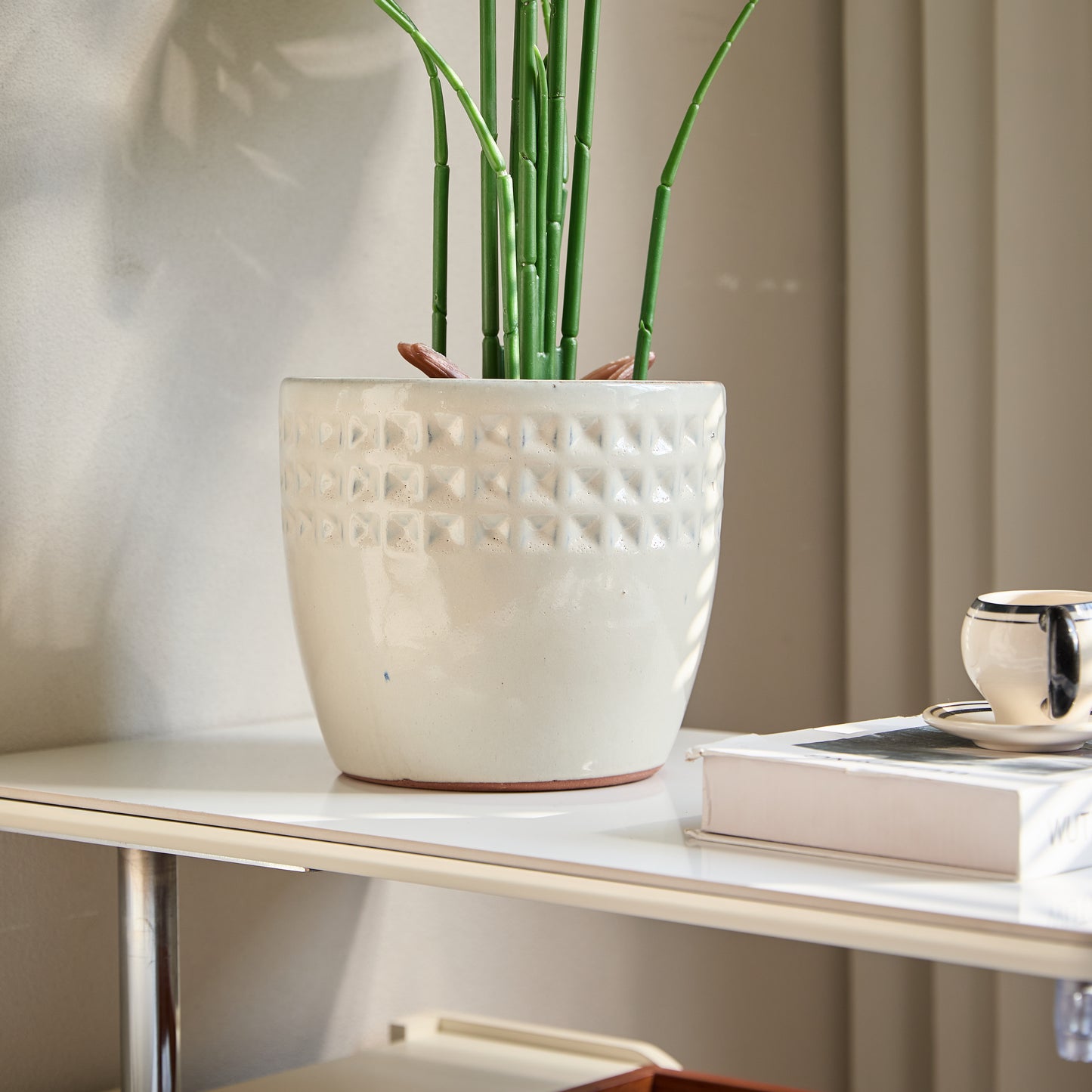 Handmade Ceramic Plant Pot Set of 3 — Cream White Waffle Relief