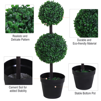 Artificial Double Ball Topiary Trees – Set of 2, 67cm Faux Boxwood Potted Plants