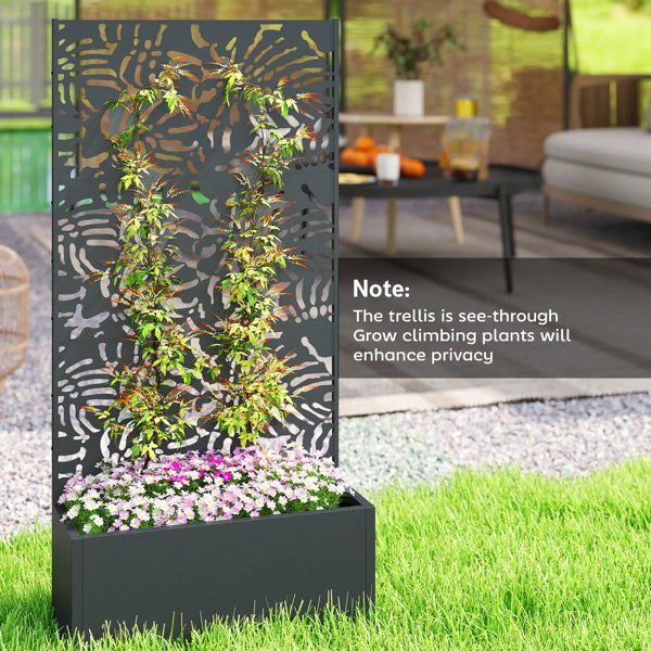 Metal Planter Box with Decorative Trellis - Freestanding Outdoor Privacy Screen