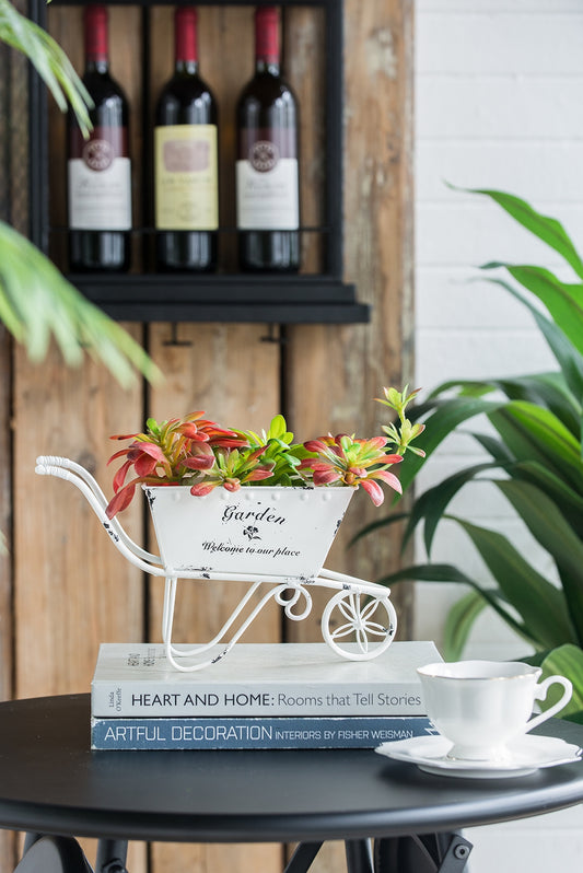11.5-Inch Decorative Distressed White Metal Wheelbarrow Planter – Vintage Iron Tabletop Centerpiece Display