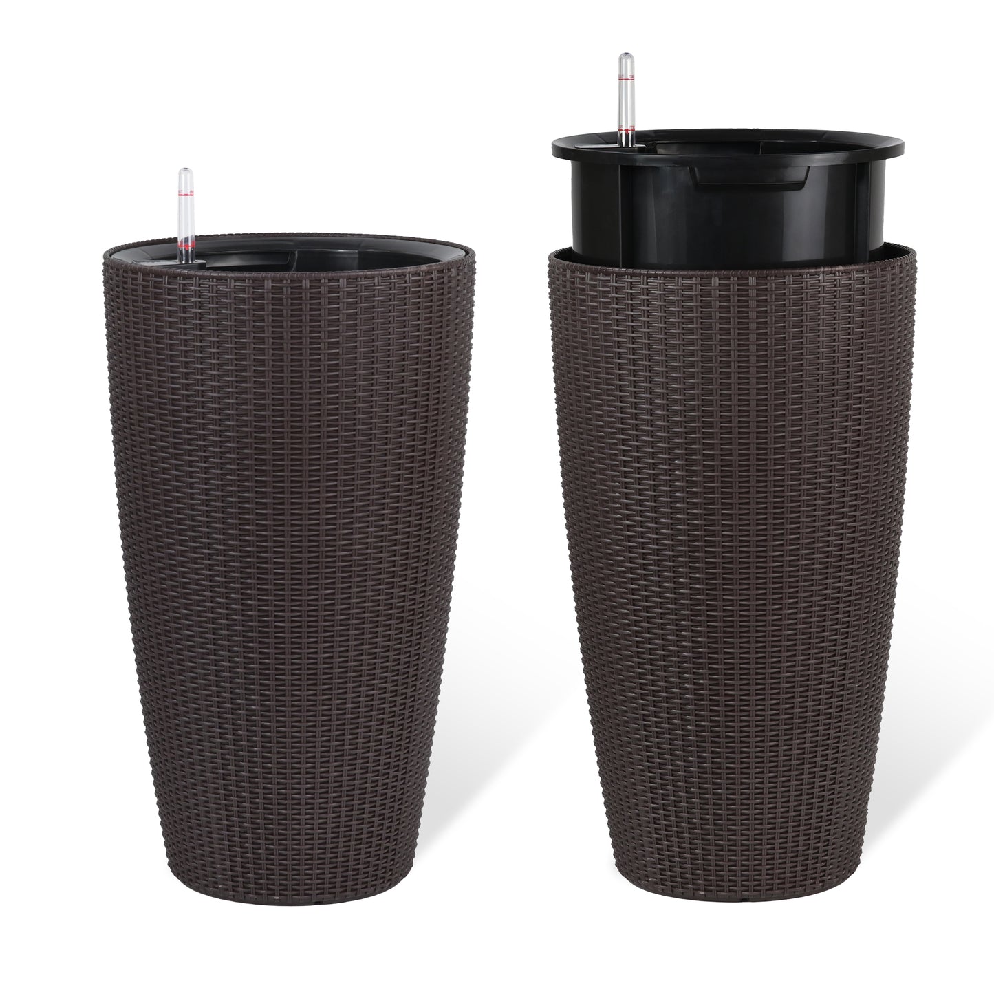 Set of 2 Faux Rattan Tall Planters with Auto Watering & Water Level Monitor – 22", Brown