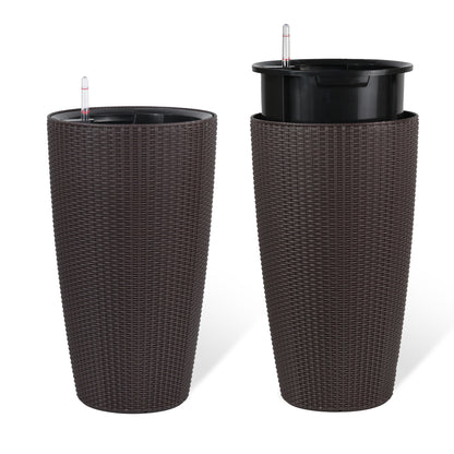 Set of 2 Faux Rattan Tall Planters with Auto Watering & Water Level Monitor – 22", Brown