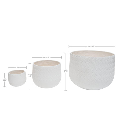 White Round Magnesium Oxide Planter Set – Pack of 3 with Woven Texture & Drainage