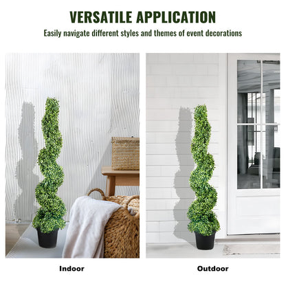4ft Artificial Boxwood Spiral Topiary Trees (2-Piece Set) – 4-Layer Spiral Faux Boxwood Tower with Weighted 8" Pot & 10 Replacement Leaves