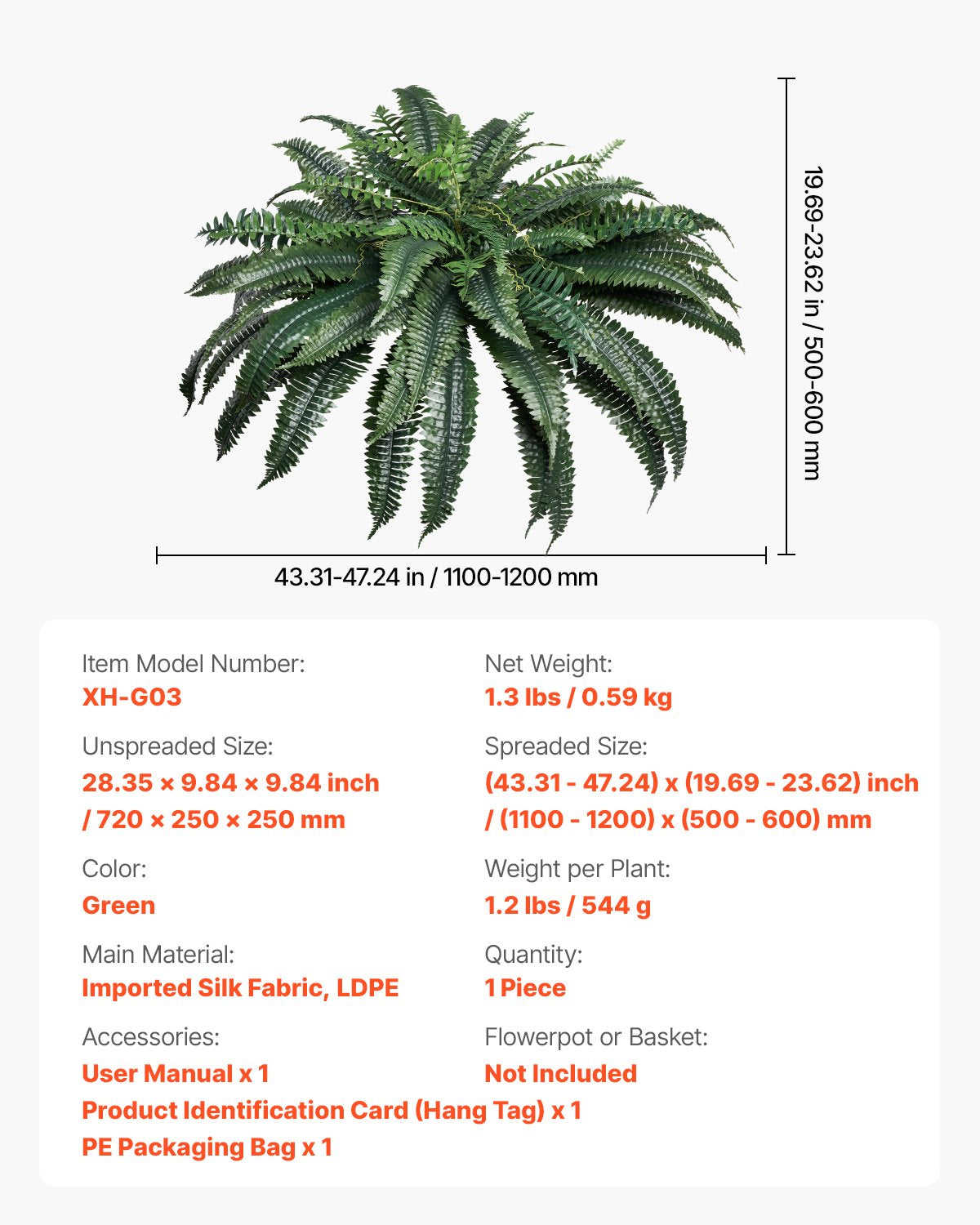 47-Inch Large Artificial Boston Fern Plant – Extra Dense Faux Fern Bush with 88 Lush Branches for Indoor Outdoor Home Decor
