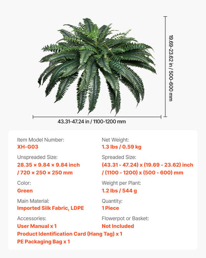 47-Inch Large Artificial Boston Fern Plant – Extra Dense Faux Fern Bush with 88 Lush Branches for Indoor Outdoor Home Decor