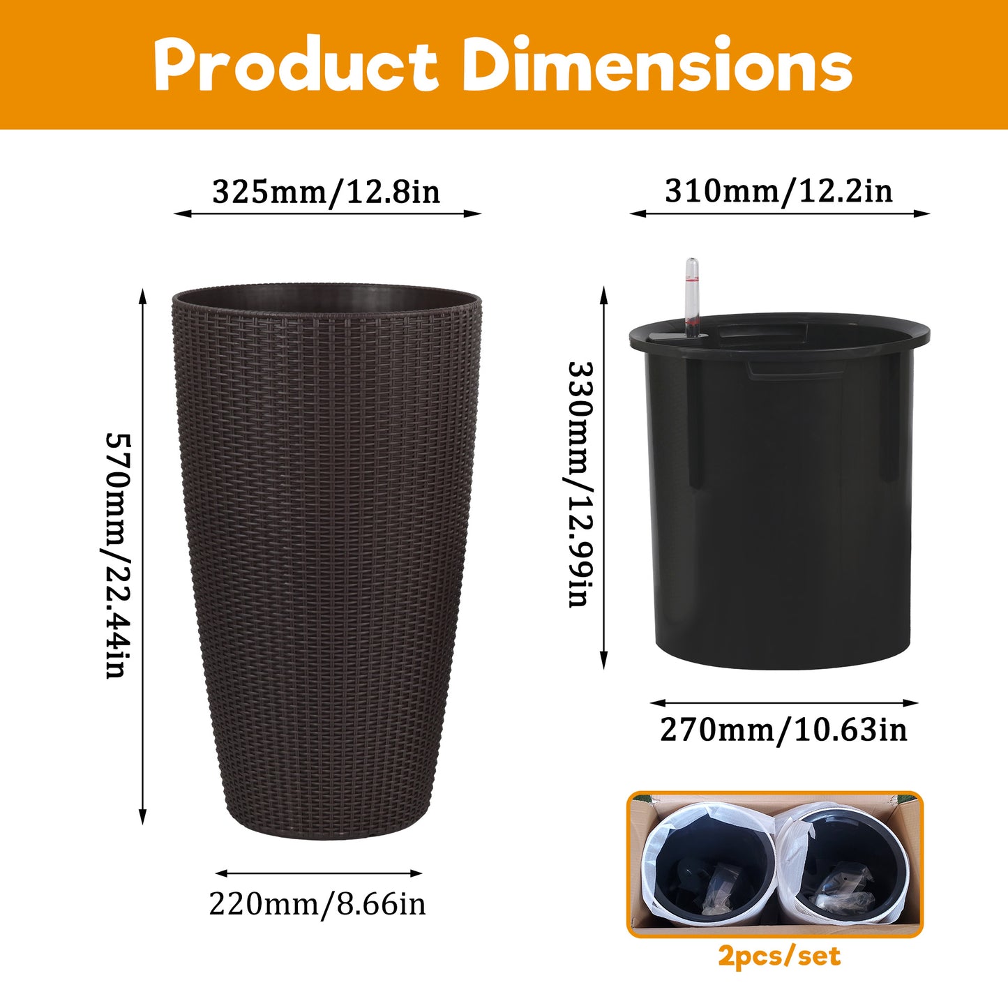 Set of 2 Faux Rattan Tall Planters with Auto Watering & Water Level Monitor – 22", Brown