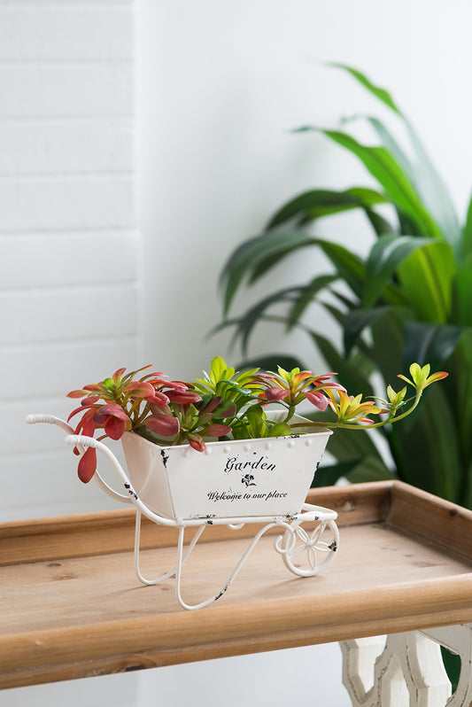 11.5-Inch Decorative Distressed White Metal Wheelbarrow Planter – Vintage Iron Tabletop Centerpiece Display