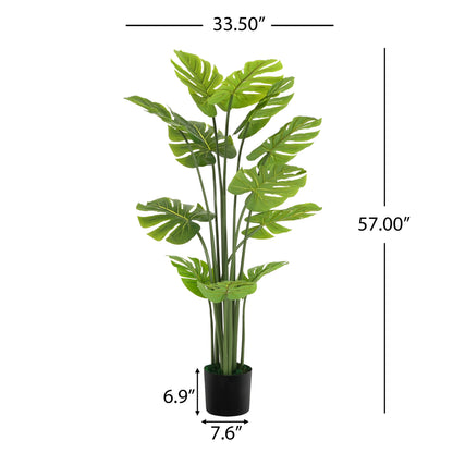 57-Inch Artificial Monstera Deliciosa Plant – Large 4.7-Foot Faux Swiss Cheese Tropical Tree with Weighted 7.6" Black Pot