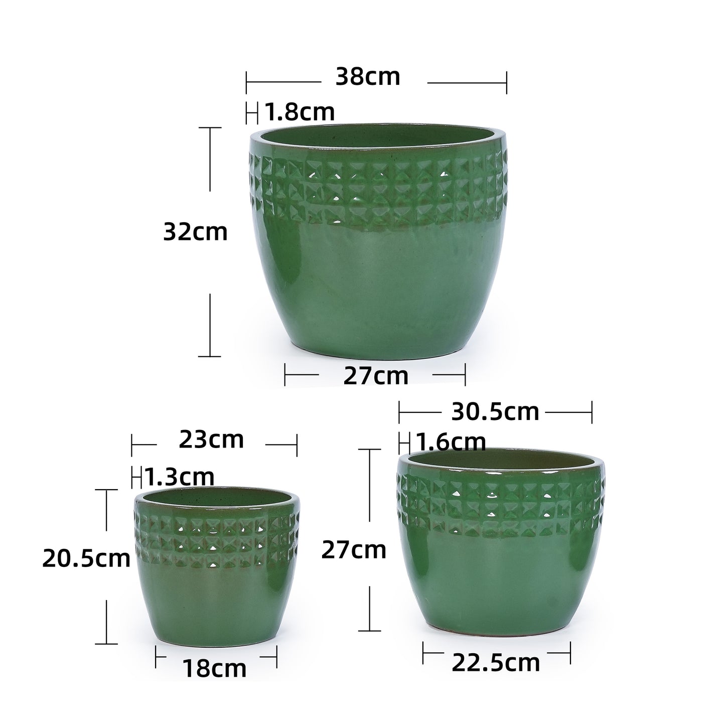 Handmade Ceramic Plant Pot Set of 3 — Antique Green Diamond Pattern