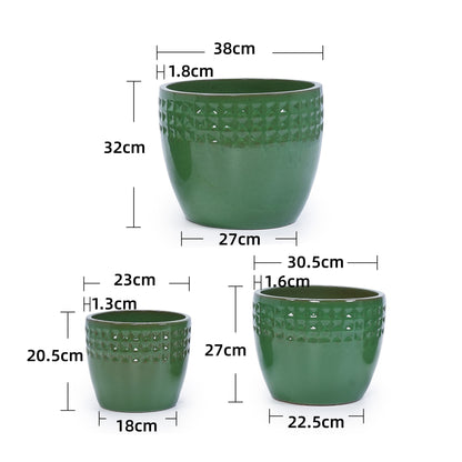 Handmade Ceramic Plant Pot Set of 3 — Antique Green Diamond Pattern