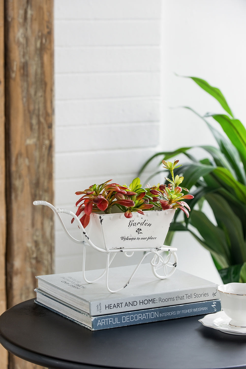 11.5-Inch Decorative Distressed White Metal Wheelbarrow Planter – Vintage Iron Tabletop Centerpiece Display