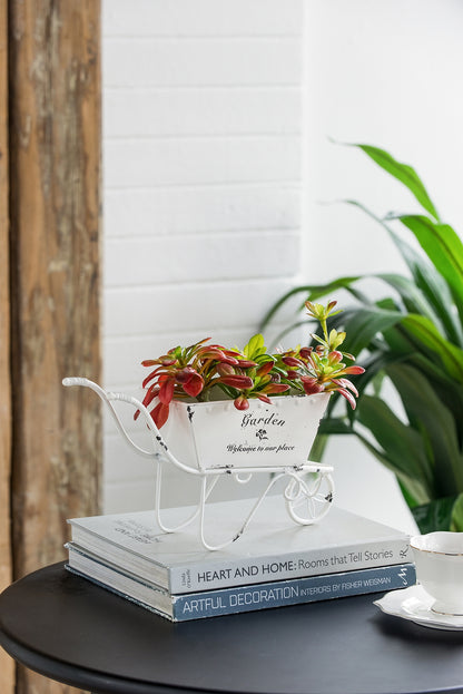 11.5-Inch Decorative Distressed White Metal Wheelbarrow Planter – Vintage Iron Tabletop Centerpiece Display
