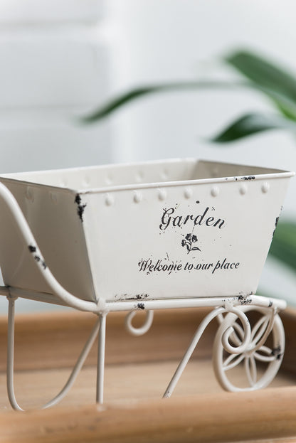 11.5-Inch Decorative Distressed White Metal Wheelbarrow Planter – Vintage Iron Tabletop Centerpiece Display