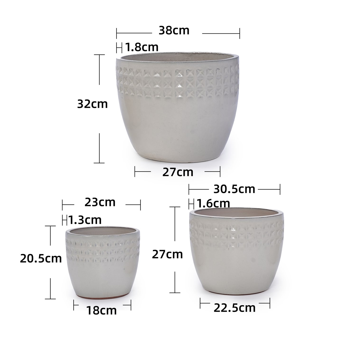 Handmade Ceramic Plant Pot Set of 3 — Cream White Waffle Relief