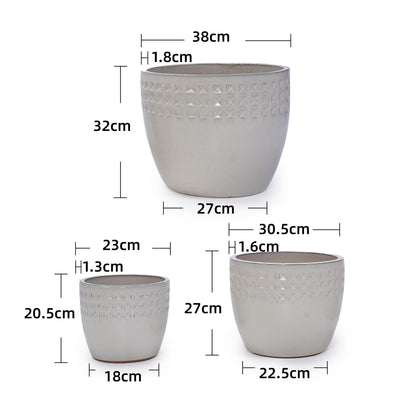 Handmade Ceramic Plant Pot Set of 3 — Cream White Waffle Relief