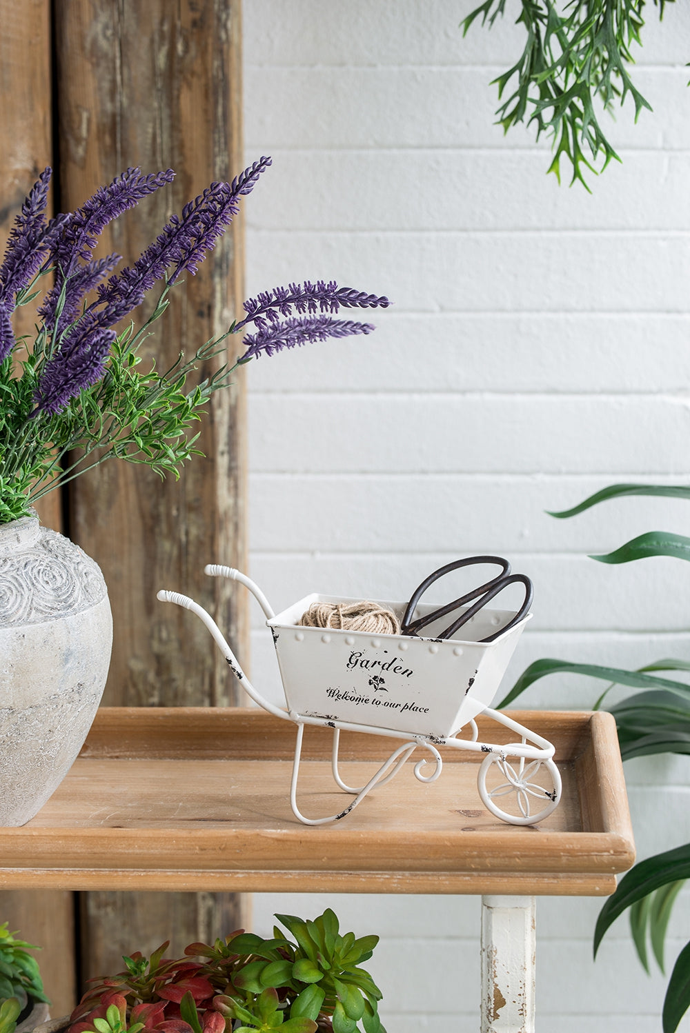 11.5-Inch Decorative Distressed White Metal Wheelbarrow Planter – Vintage Iron Tabletop Centerpiece Display