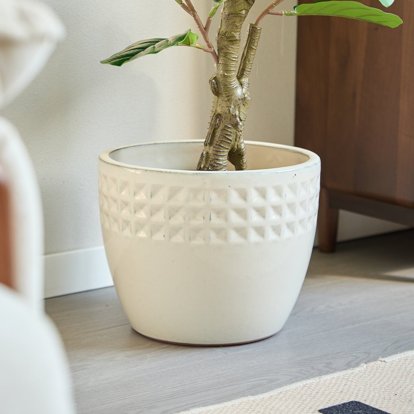 Handmade Ceramic Plant Pot Set of 3 — Cream White Waffle Relief