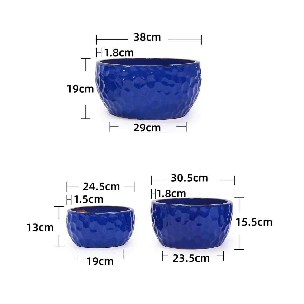 Handmade Ceramic Plant Pot Set of 3 — Antique Blue Hammer Pattern
