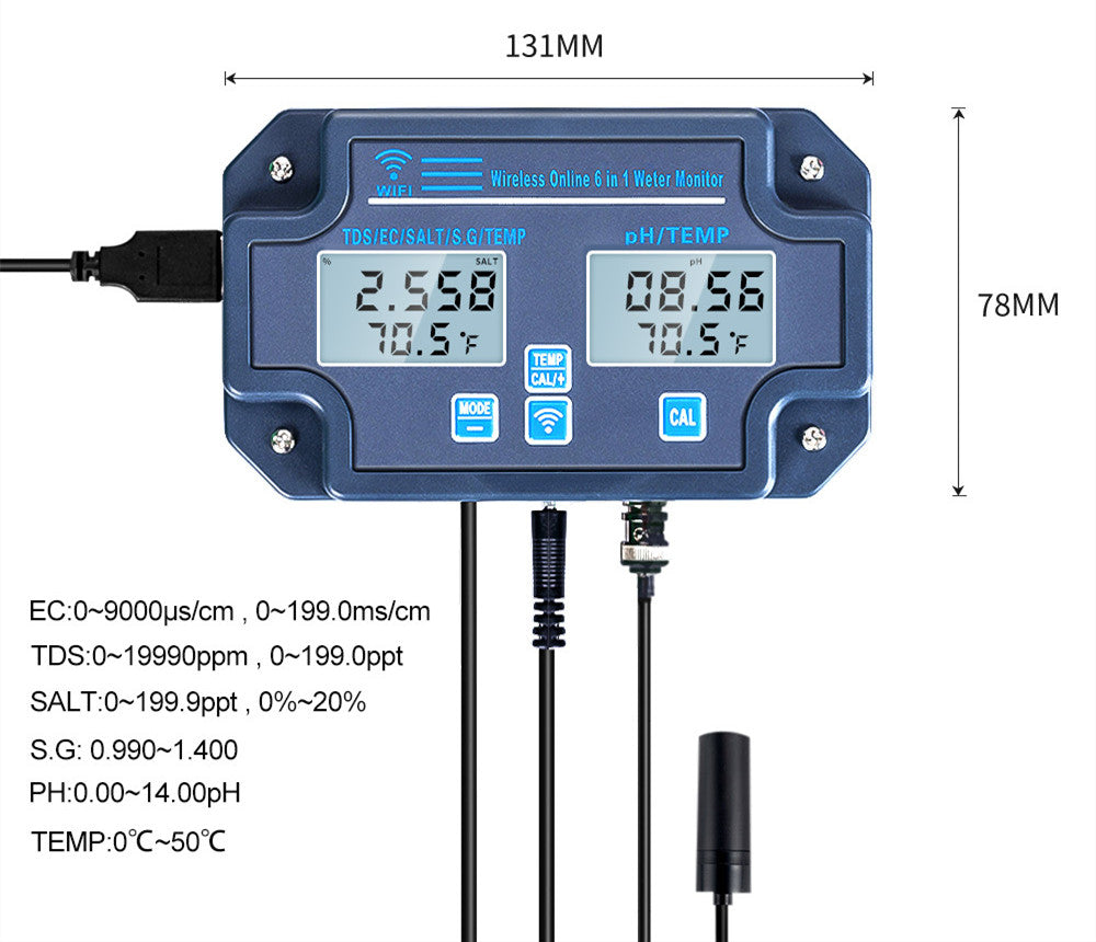 6-in-1 WiFi Smart Water Quality Monitor – pH TDS EC Salinity Temperature Meter