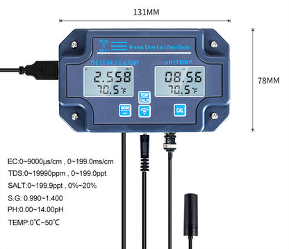 6-in-1 WiFi Smart Water Quality Monitor – pH TDS EC Salinity Temperature Meter