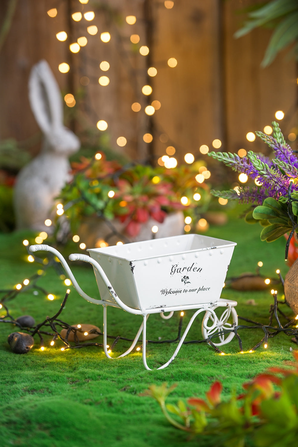 11.5-Inch Decorative Distressed White Metal Wheelbarrow Planter – Vintage Iron Tabletop Centerpiece Display