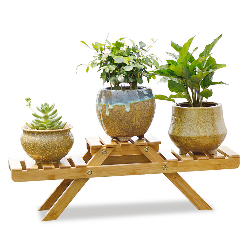 Natural bamboo 3-tier low tabletop plant stand with succulent and tropical pots white background – SoilMate Collective
