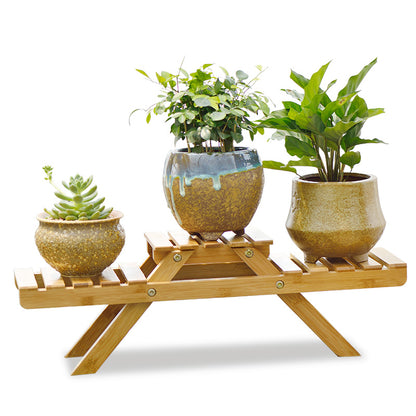 Natural bamboo 3-tier low tabletop plant stand with succulent and tropical pots white background – SoilMate Collective