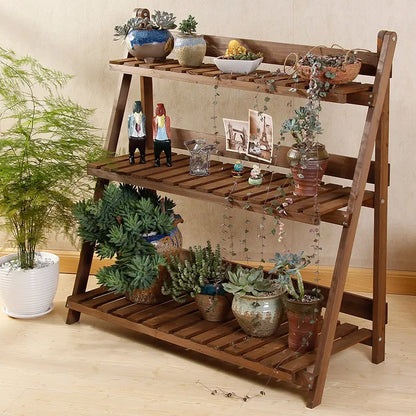 Brown solid wood 3-tier folding plant stand with succulents and trailing plants indoor lifestyle – SoilMate Collective