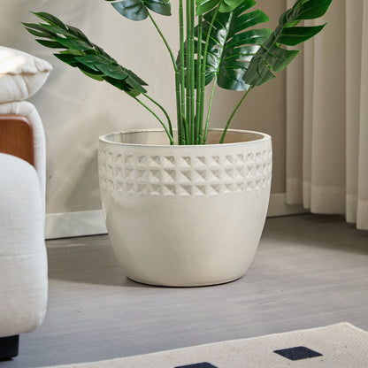 Handmade Ceramic Plant Pot Set of 3 — Cream White Waffle Relief