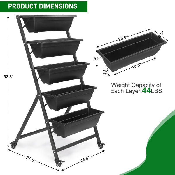 5-Tier Vertical Garden Planter with Wheels – Black PE Raised Garden Bed (25.6" x 23.6" x 51.2")