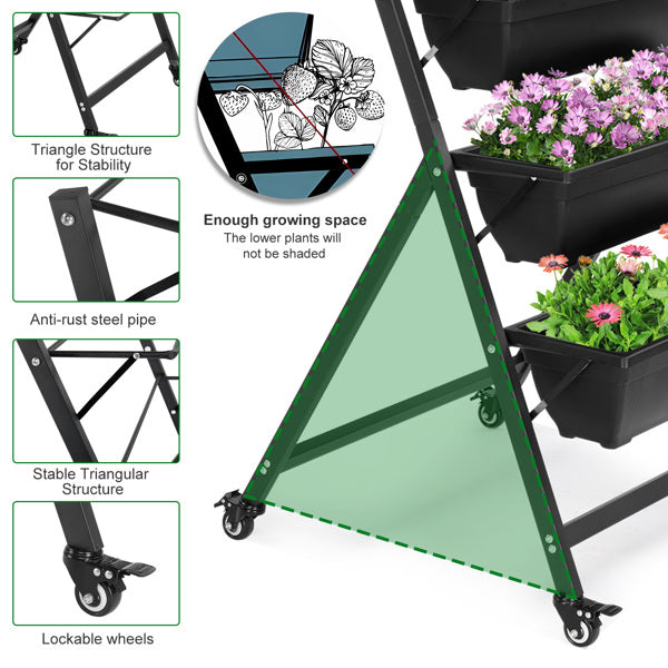 5-Tier Vertical Garden Planter with Wheels – Black PE Raised Garden Bed (25.6" x 23.6" x 51.2")