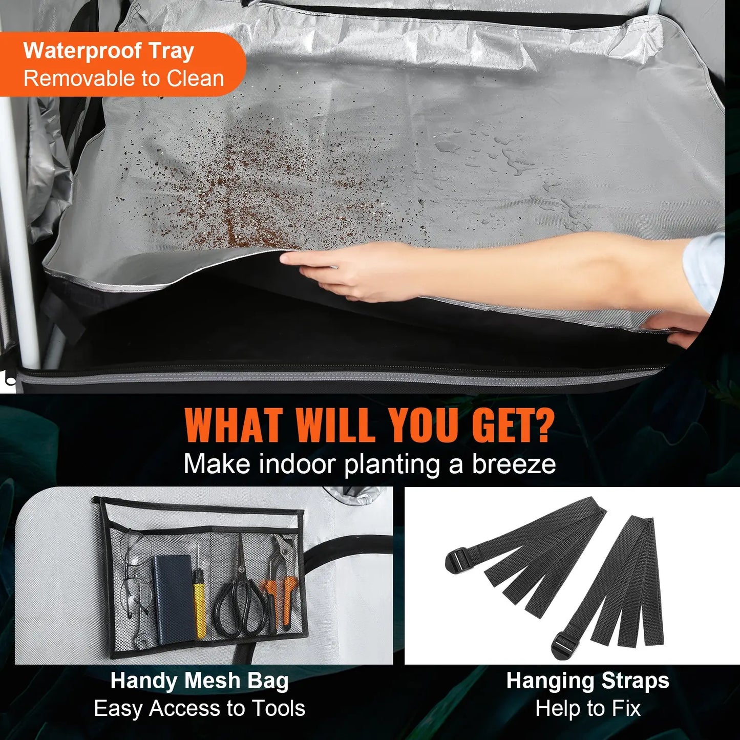 Car sunshade with waterproof tray, mesh bag with tools, and hanging straps on a black background.