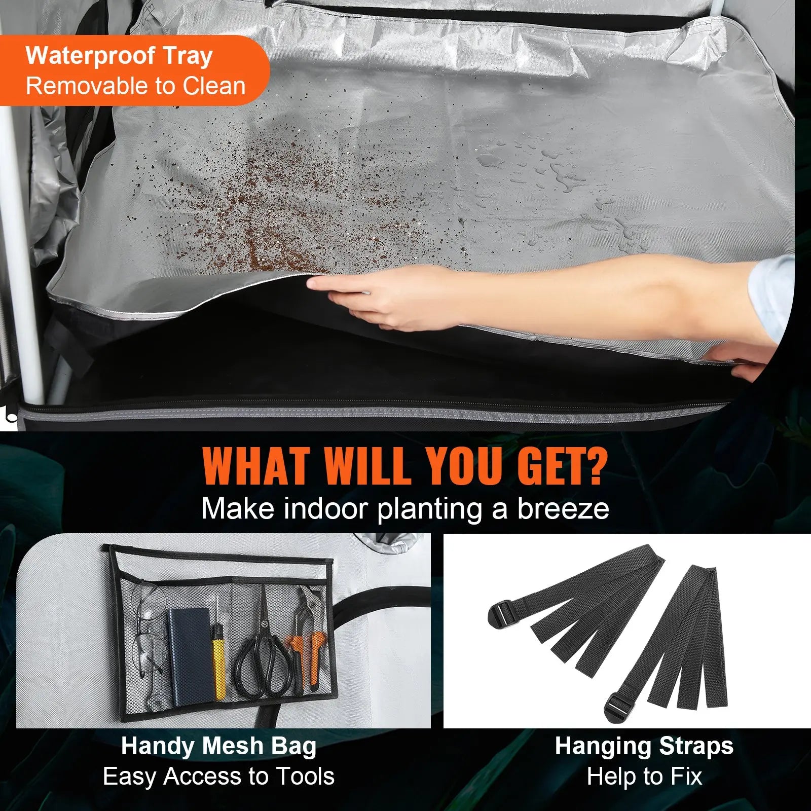 Car sunshade with waterproof tray, mesh bag with tools, and hanging straps on a black background.